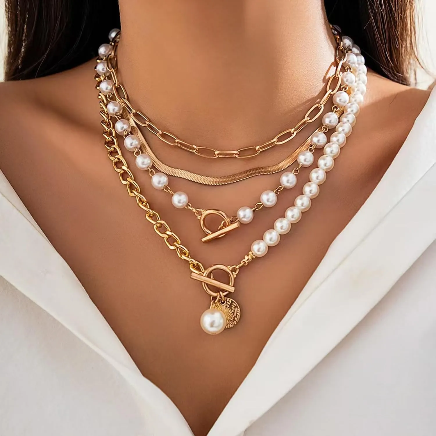 Layered Gold Necklaces for Women Trendy Pearl Necklaces Stack Boho Stackable Layering Pearl Beaded Paperclip Chain Choker Necklace Set Jewelry Gifts Stuff