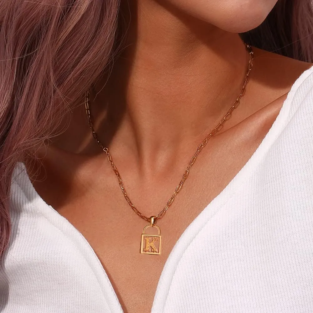 Layered Initial Necklaces for Women, 14K Gold Plated Dainty Paperclip Chain Necklace Simple Lock Letter Pendant Personalized Initial Choker Necklace Gold Layered Necklaces for Women Mother's Day Jewelry Gifts