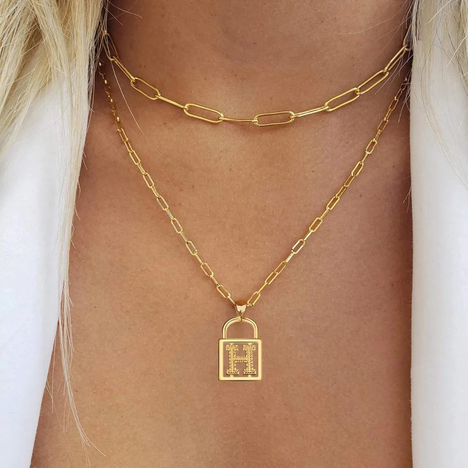 Layered Initial Necklaces for Women, 14K Gold Plated Dainty Paperclip Chain Necklace Simple Lock Letter Pendant Personalized Initial Choker Necklace Gold Layered Necklaces for Women Mother's Day Jewelry Gifts