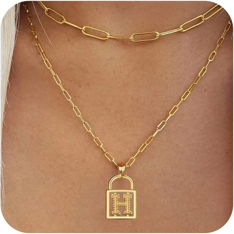Layered Initial Necklaces for Women, 14K Gold Plated Dainty Paperclip Chain Necklace Simple Lock Letter Pendant Personalized Initial Choker Necklace Gold Layered Necklaces for Women Mother's Day Jewelry Gifts