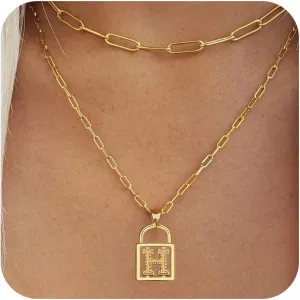 Layered Initial Necklaces for Women, 14K Gold Plated Dainty Paperclip Chain Necklace Simple Lock Letter Pendant Personalized Initial Choker Necklace Gold Layered Necklaces for Women Mother's Day Jewelry Gifts