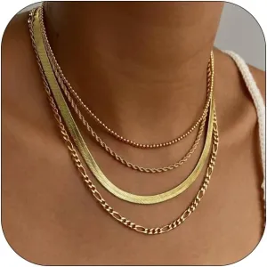 Layered Necklaces for Women Dainty Gold Herringbone Necklace Simple Non Tarnish Gold Stack Necklaces Set Fashion Jewelry for Women