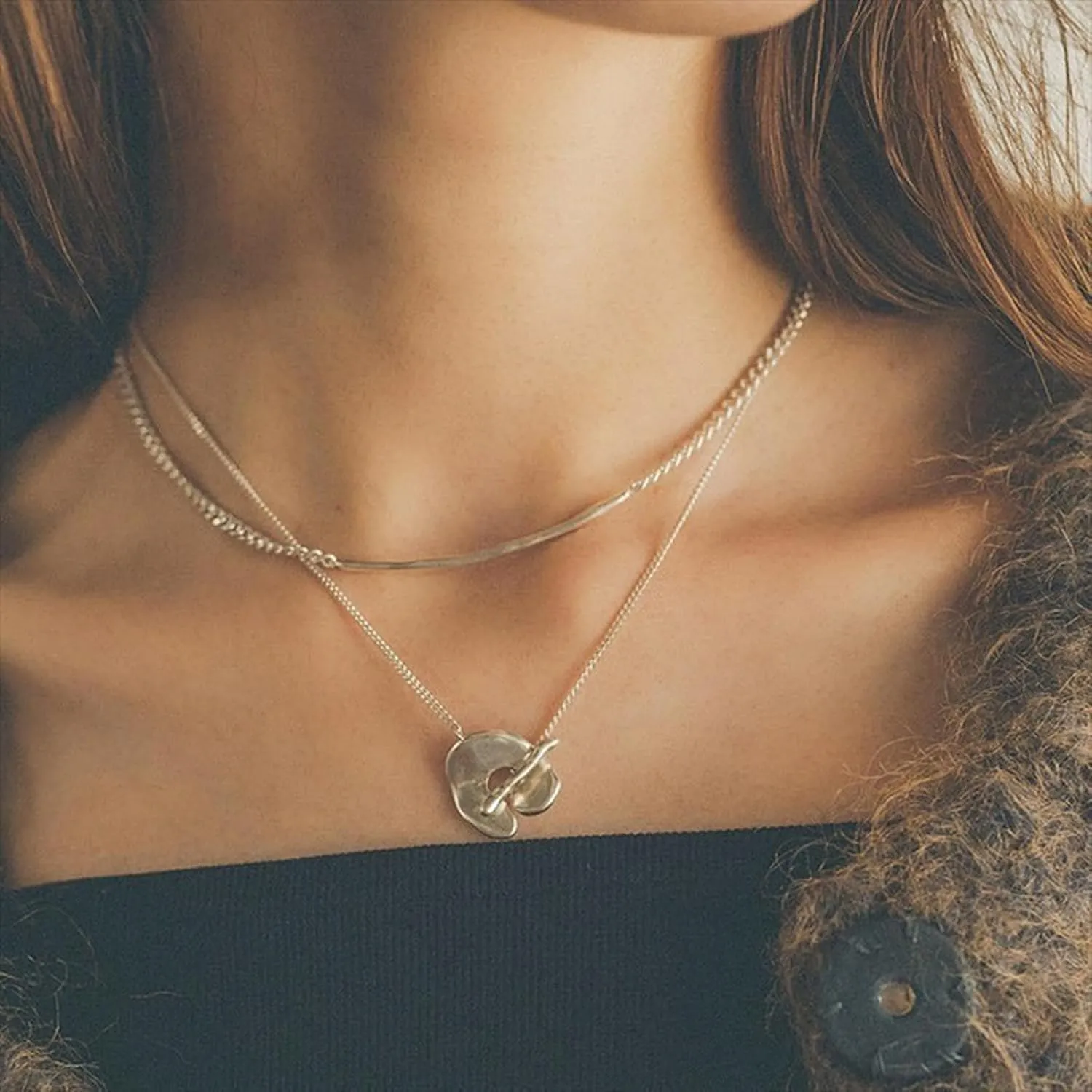 Layered Necklaces for Women Gold Silver Pendant Necklace Copper Sweater Chain Necklace Trendy Adjustable Necklace