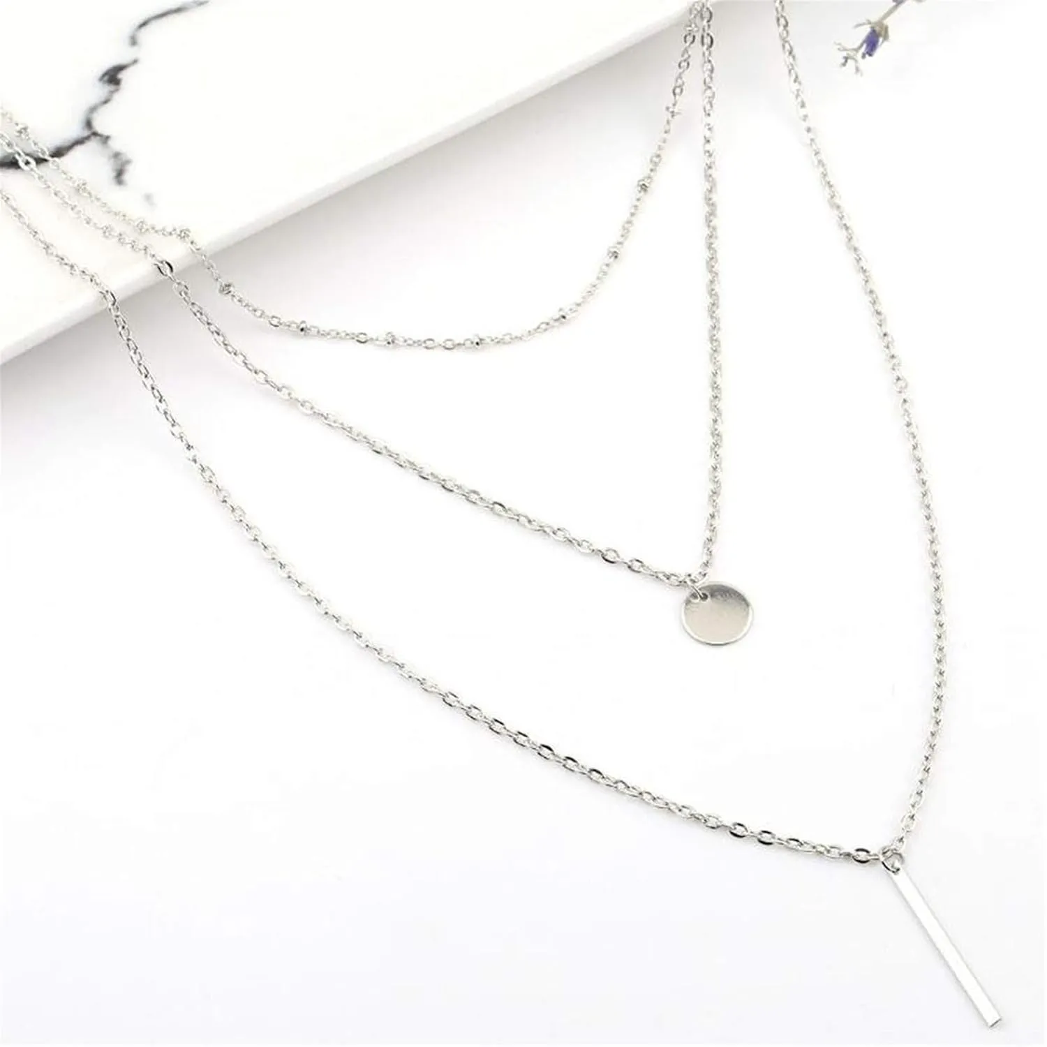 Layered Pendant Necklaces Dainty Y-Necklaces Stylish Minimalist Design Clavicle Chain for Women Lady (Sliver, One Size)
