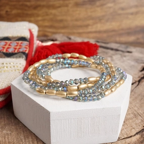Unsurpassed Detail Layered Sparkly Glass and Gold Rice Beads Bracelets Sets
