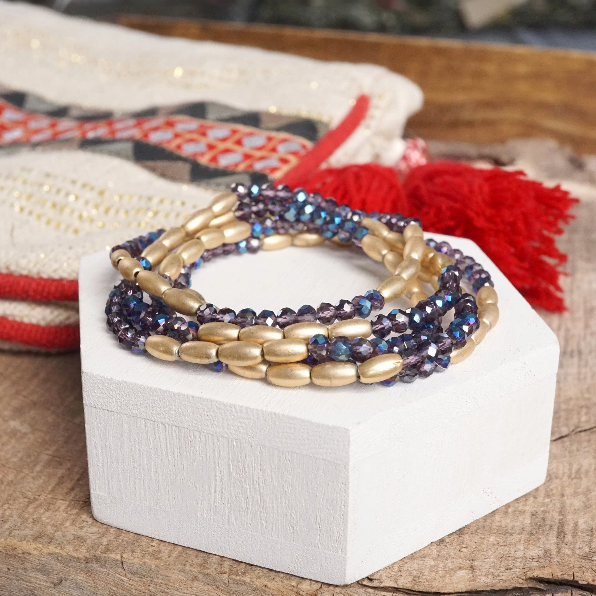 Layered Sparkly Glass and Gold Rice Beads Bracelets Sets Basic essential