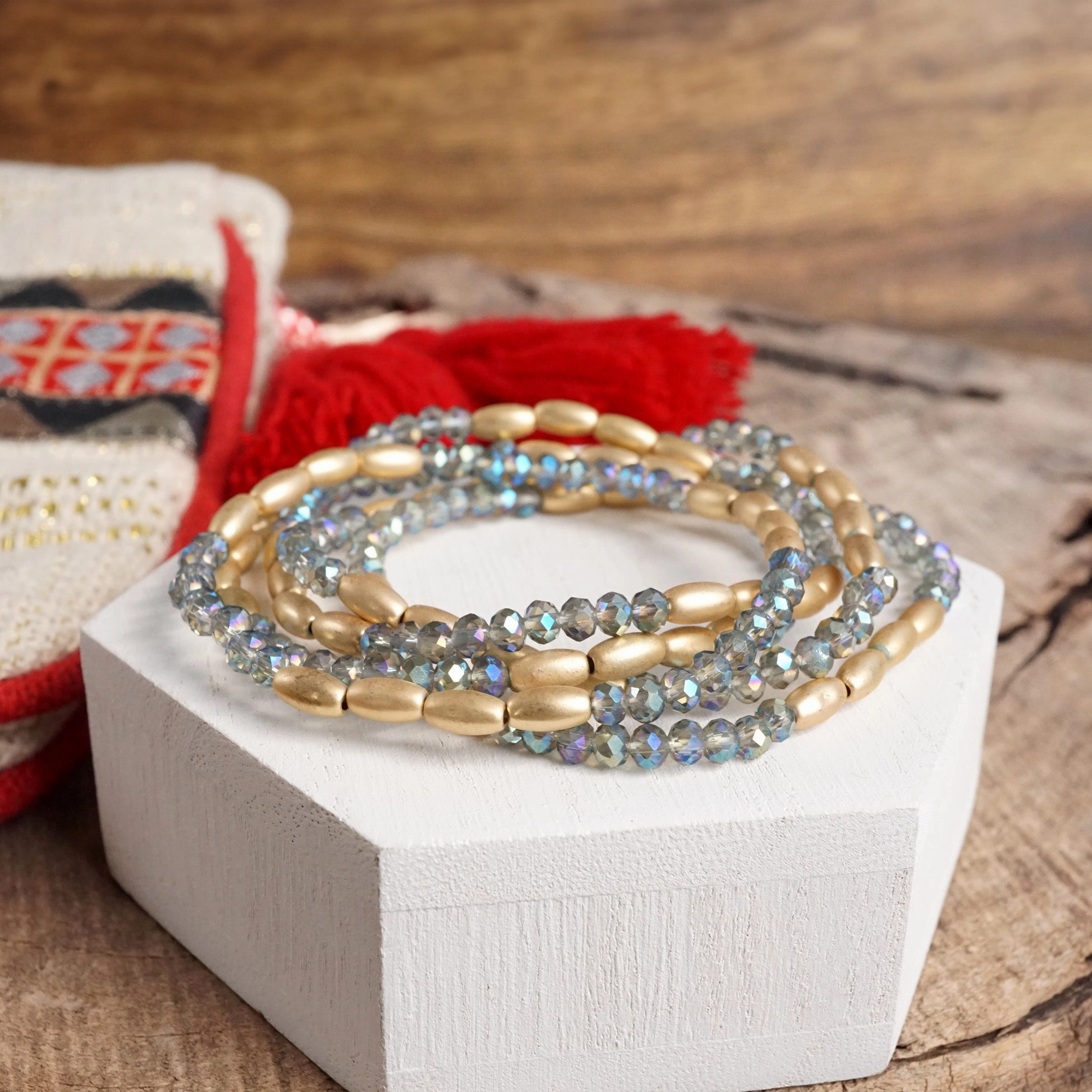 Unsurpassed Detail Layered Sparkly Glass and Gold Rice Beads Bracelets Sets