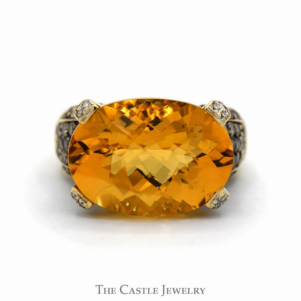 Trendy Expression Le Vian 10ct Oval Citrine Ring with Chocolate Diamond Cluster Sides in 14k Yellow Gold