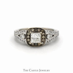 No Brand Le Vian Designer 1cttw Princess Cut Diamond Engagement Ring with Chocolate Diamond Halo and Accented Split Shank Sides in 14k White Gold