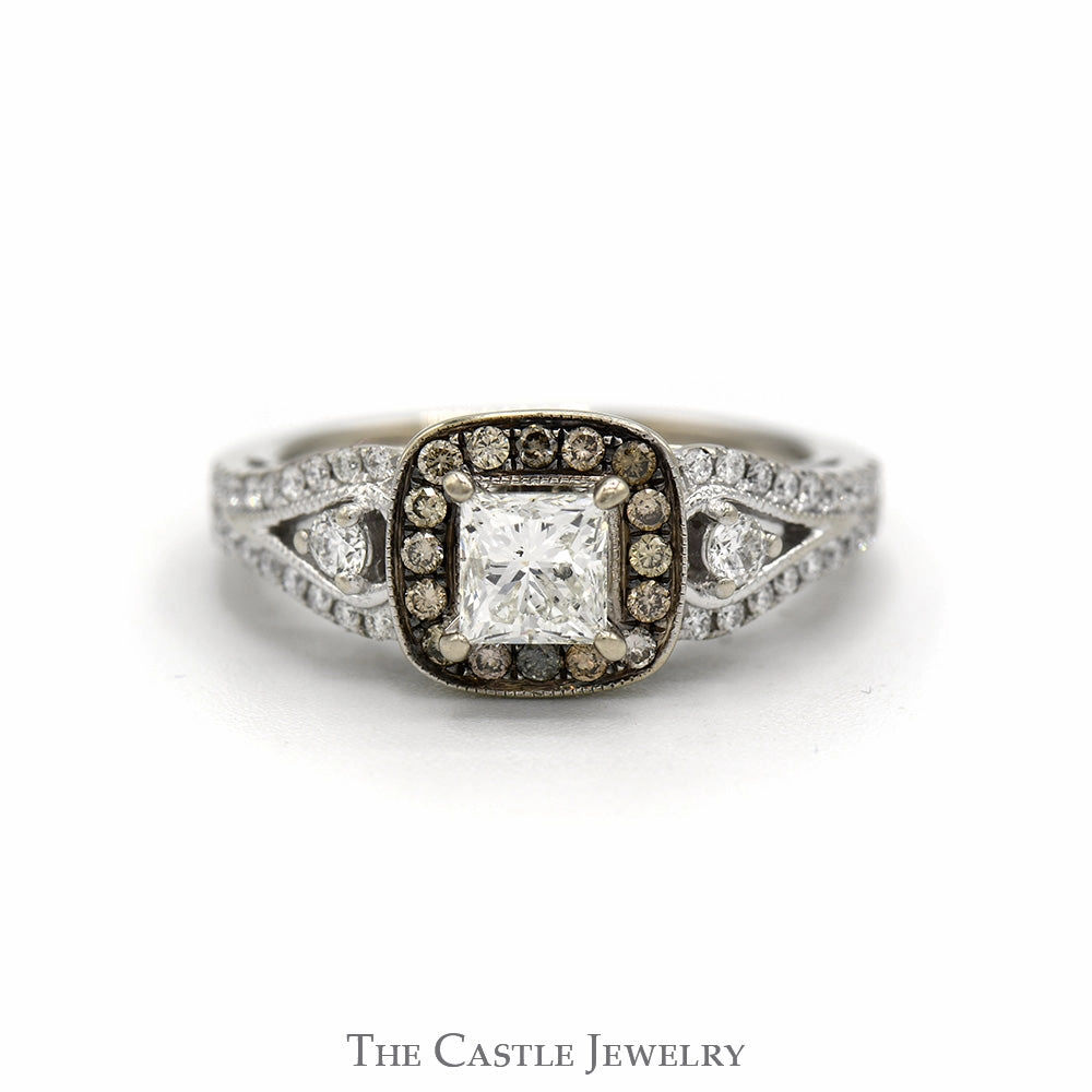No Brand Le Vian Designer 1cttw Princess Cut Diamond Engagement Ring with Chocolate Diamond Halo and Accented Split Shank Sides in 14k White Gold