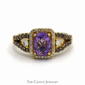 Le Vian Oval Amethyst Designer Ring with Diamond Halo and Chocolate Diamond Sides in 14k Yellow Gold High-Quality Appearance