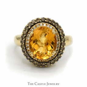 Le Vian Oval Citrine Designer Ring with Chocolate & White Diamond Halos in 14k Yellow Gold Friendship Bond Practical Look