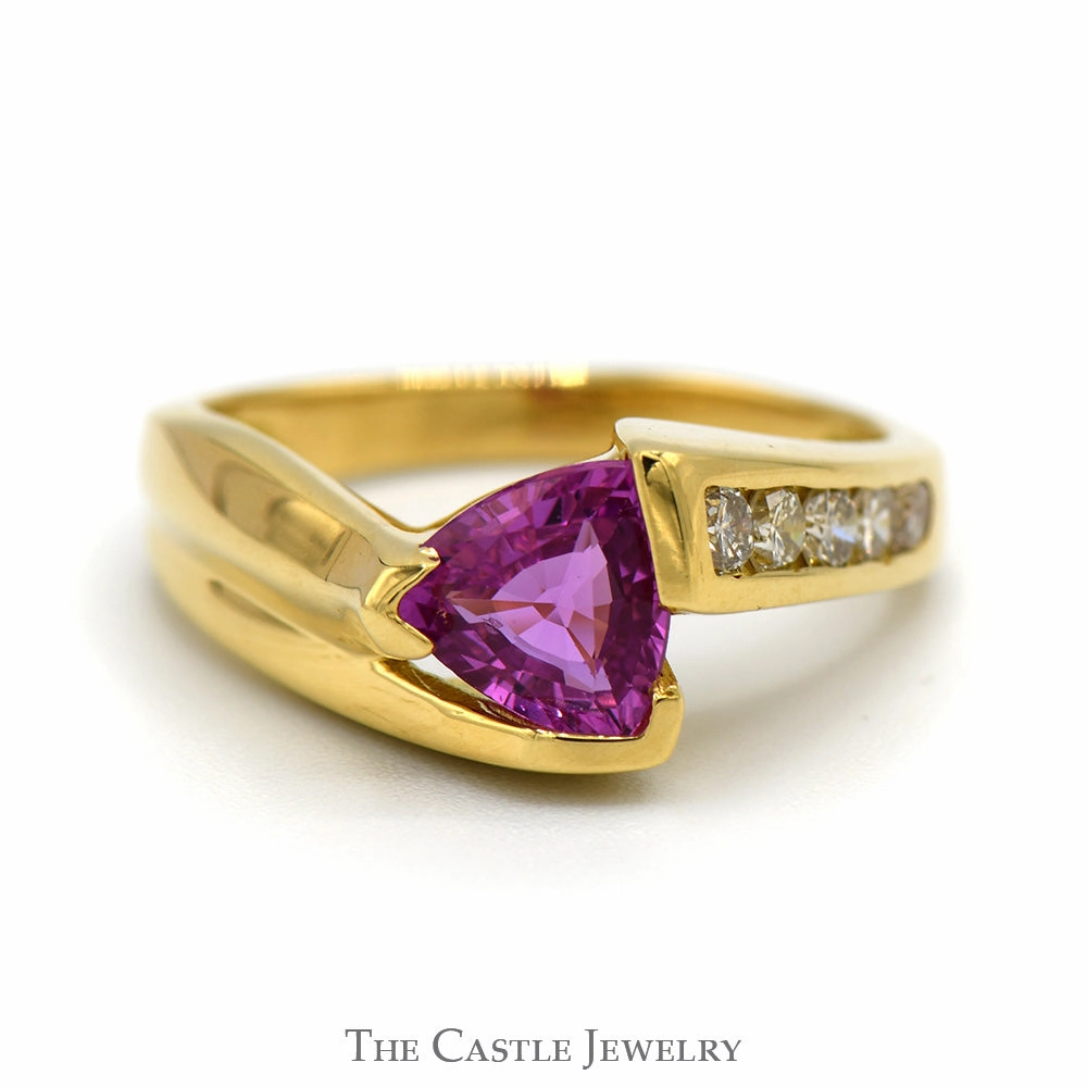 Sentimental Value Le Vian Trillion Cut Pink Sapphire Ring with Channel Set Diamond Accents in 18k Yellow Gold Bypass Mounting