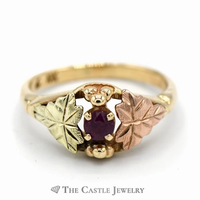Minimal Form Timeless Work Leaf Designed Round Ruby Ring in 10k Tri-tone Gold
