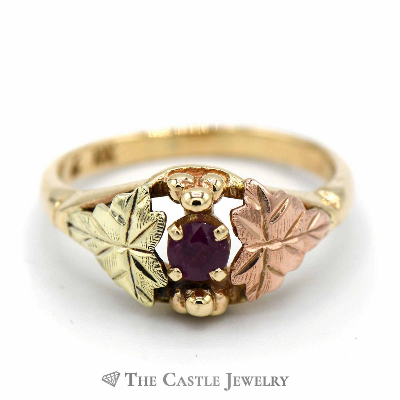 Minimal Form Timeless Work Leaf Designed Round Ruby Ring in 10k Tri-tone Gold