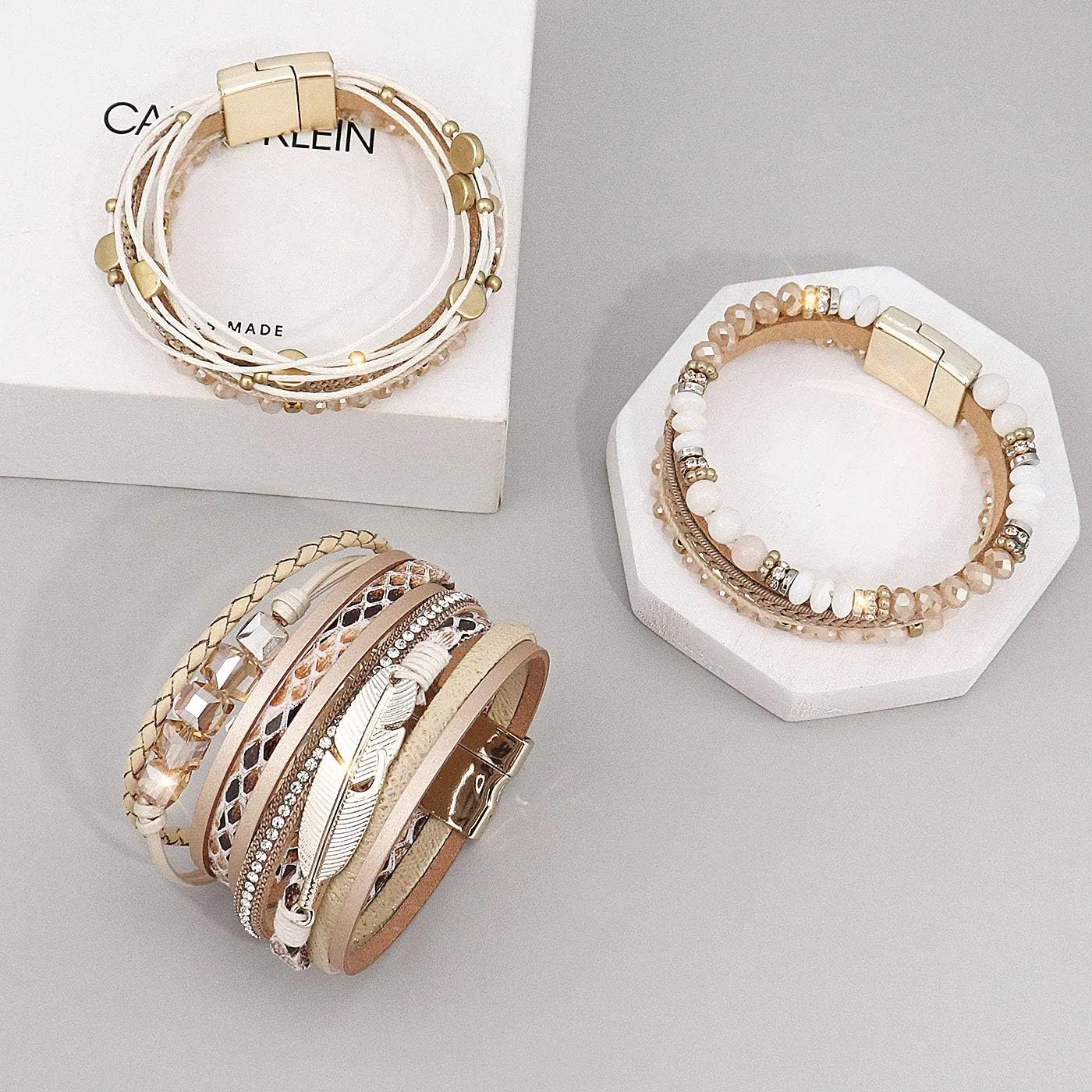 Leather Wrap Bracelet Set 3Pack Wrist Cuff Bracelet for Women Multilayer Magnetic Clasp Bracelet Feather Tree Bead Crystal Bracelet