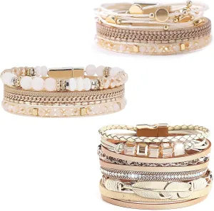 Leather Wrap Bracelet Set 3Pack Wrist Cuff Bracelet for Women Multilayer Magnetic Clasp Bracelet Feather Tree Bead Crystal Bracelet