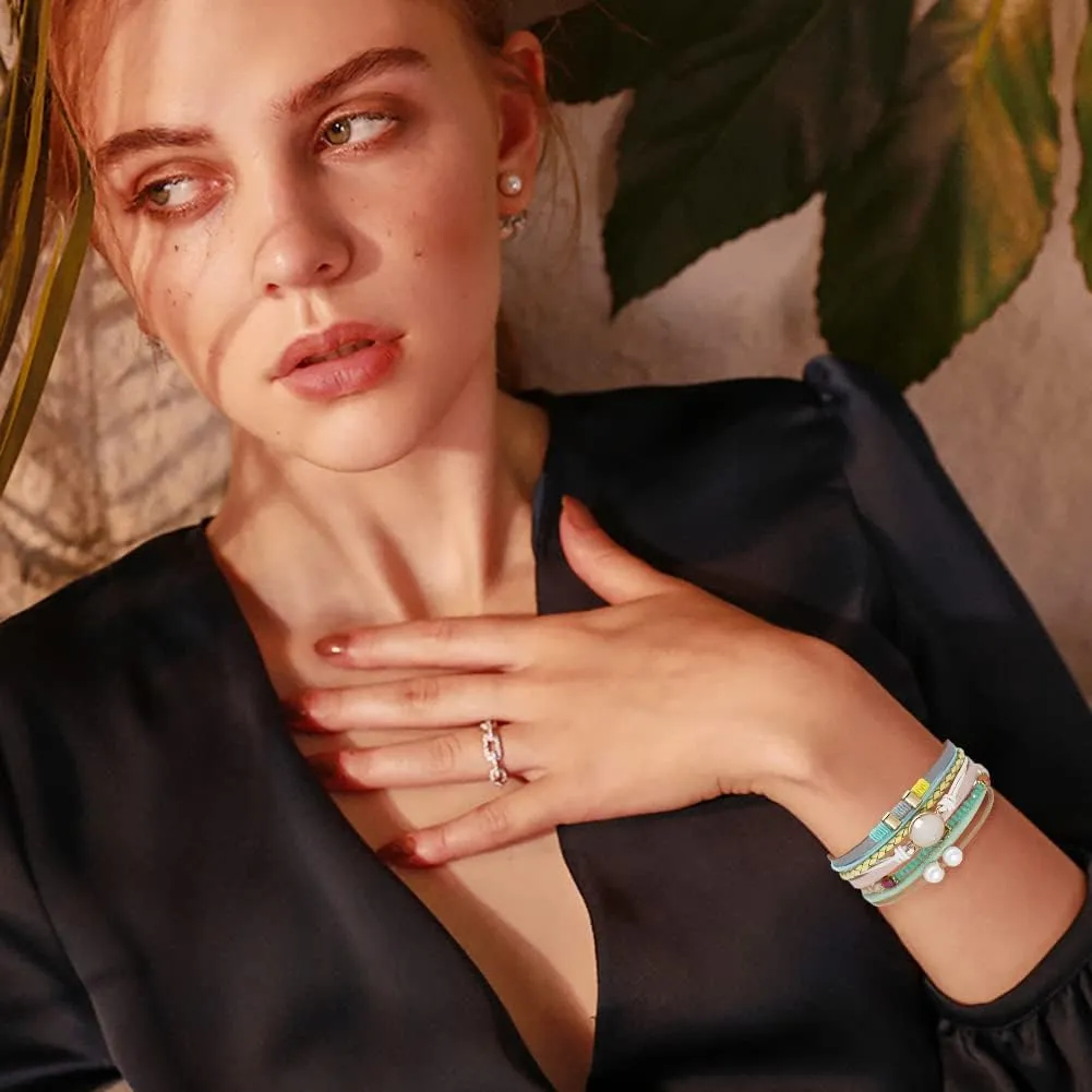 Leather Wrap Bracelet Set 3Pack Wrist Cuff Bracelet for Women Multilayer Magnetic Clasp Bracelet Feather Tree Bead Crystal Bracelet