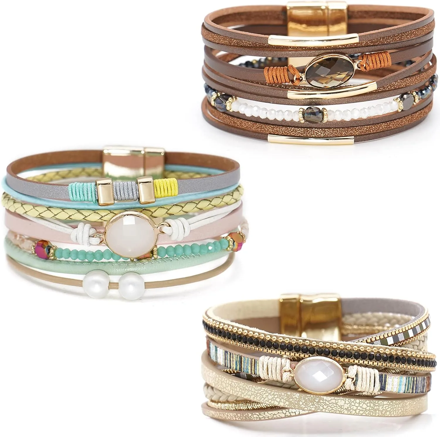 Leather Wrap Bracelet Set 3Pack Wrist Cuff Bracelet for Women Multilayer Magnetic Clasp Bracelet Feather Tree Bead Crystal Bracelet