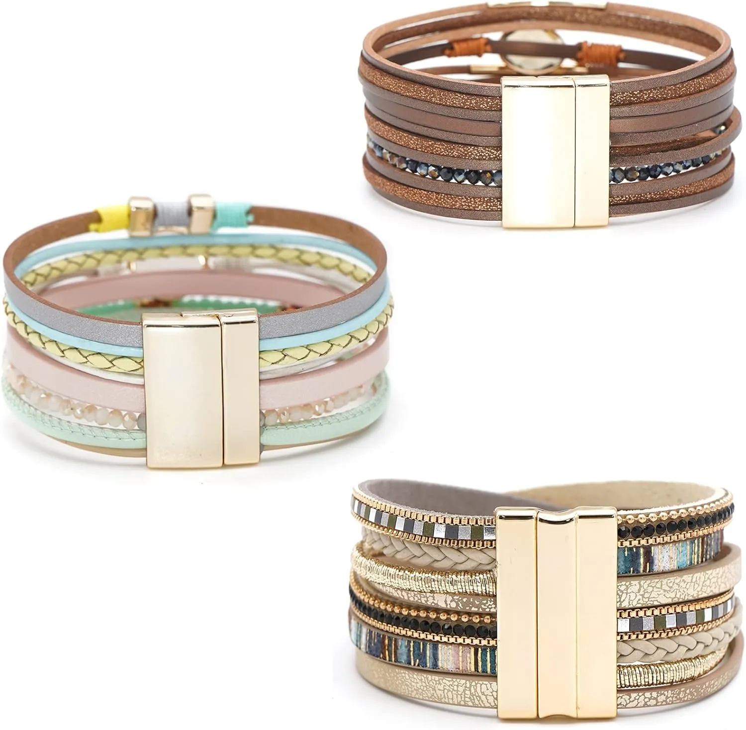 Leather Wrap Bracelet Set 3Pack Wrist Cuff Bracelet for Women Multilayer Magnetic Clasp Bracelet Feather Tree Bead Crystal Bracelet