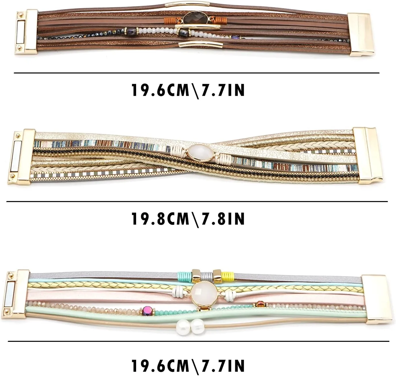 Leather Wrap Bracelet Set 3Pack Wrist Cuff Bracelet for Women Multilayer Magnetic Clasp Bracelet Feather Tree Bead Crystal Bracelet