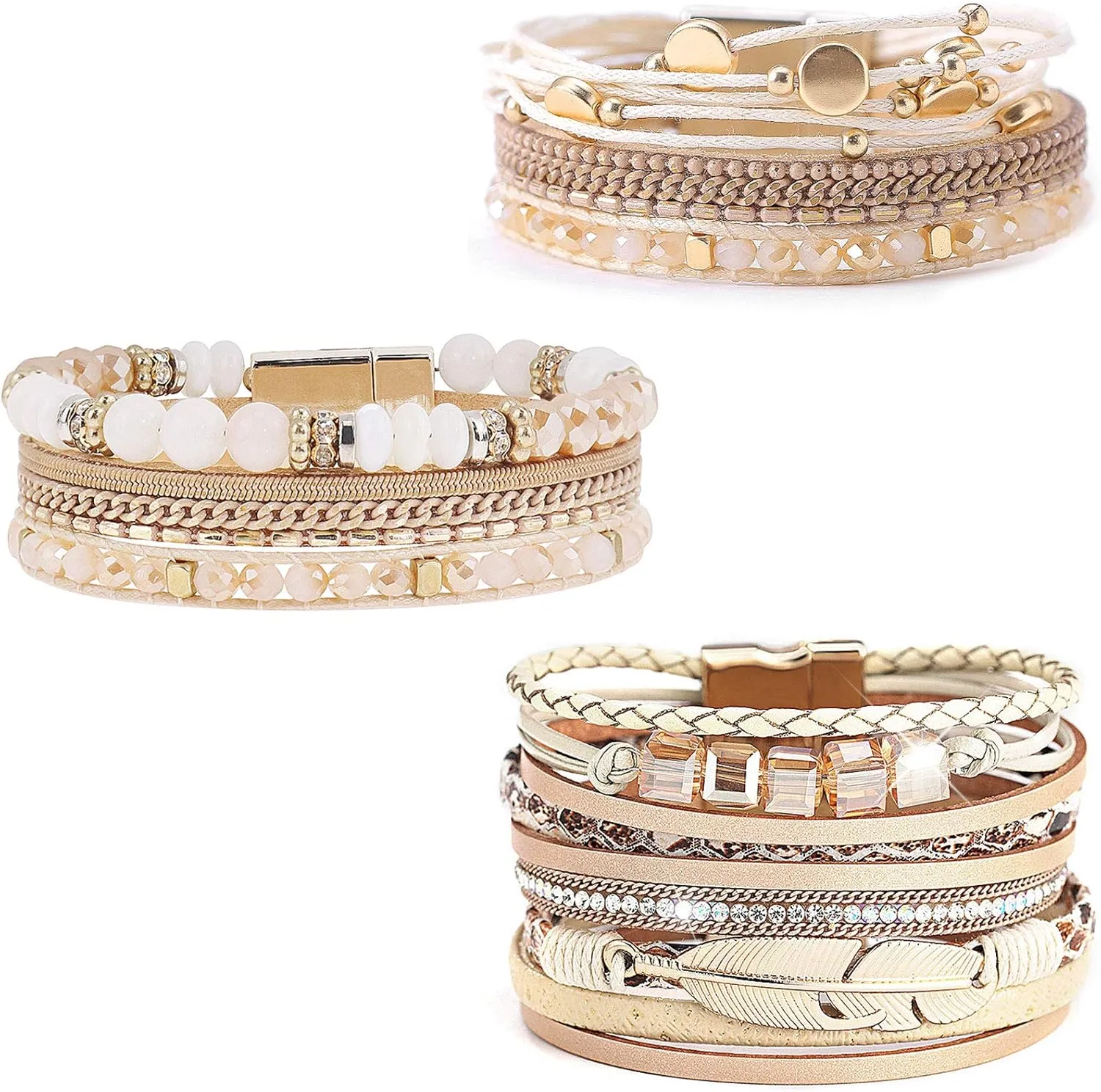 Leather Wrap Bracelet Set 3Pack Wrist Cuff Bracelet for Women Multilayer Magnetic Clasp Bracelet Feather Tree Bead Crystal Bracelet