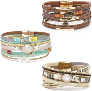 Leather Wrap Bracelet Set 3Pack Wrist Cuff Bracelet for Women Multilayer Magnetic Clasp Bracelet Feather Tree Bead Crystal Bracelet