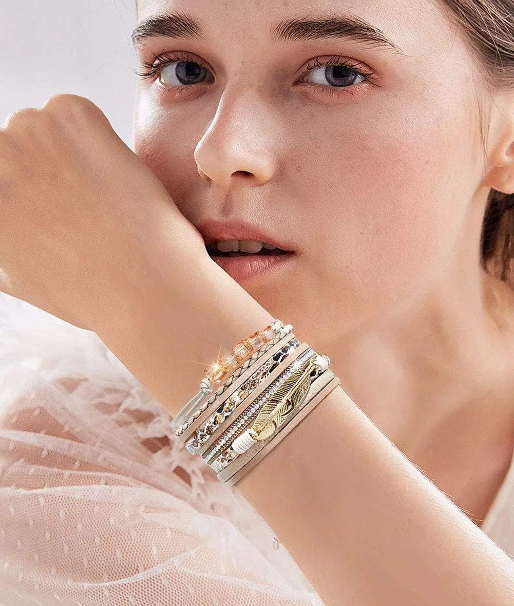 Leather Wrap Bracelet Set 3Pack Wrist Cuff Bracelet for Women Multilayer Magnetic Clasp Bracelet Feather Tree Bead Crystal Bracelet