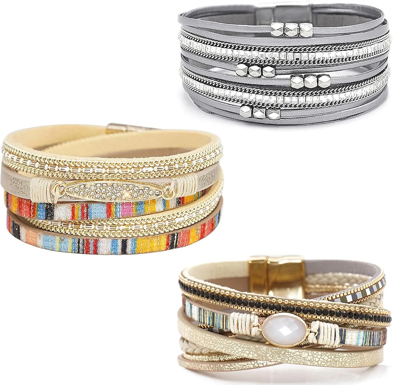 Leather Wrap Bracelet Set 3Pack Wrist Cuff Bracelet for Women Multilayer Magnetic Clasp Bracelet Feather Tree Bead Crystal Bracelet