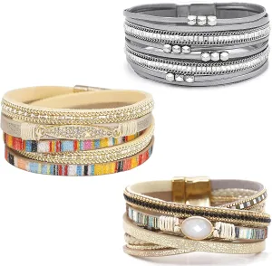 Leather Wrap Bracelet Set 3Pack Wrist Cuff Bracelet for Women Multilayer Magnetic Clasp Bracelet Feather Tree Bead Crystal Bracelet