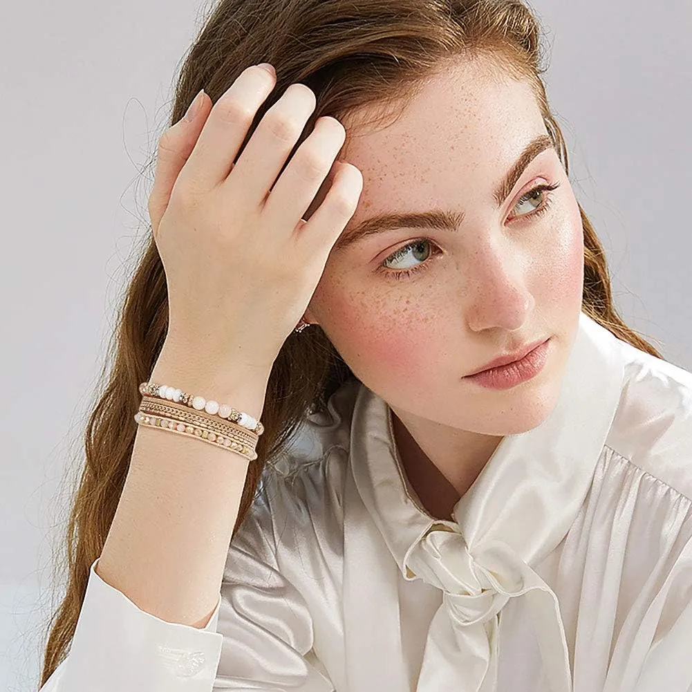 Leather Wrap Bracelet Set 3Pack Wrist Cuff Bracelet for Women Multilayer Magnetic Clasp Bracelet Feather Tree Bead Crystal Bracelet