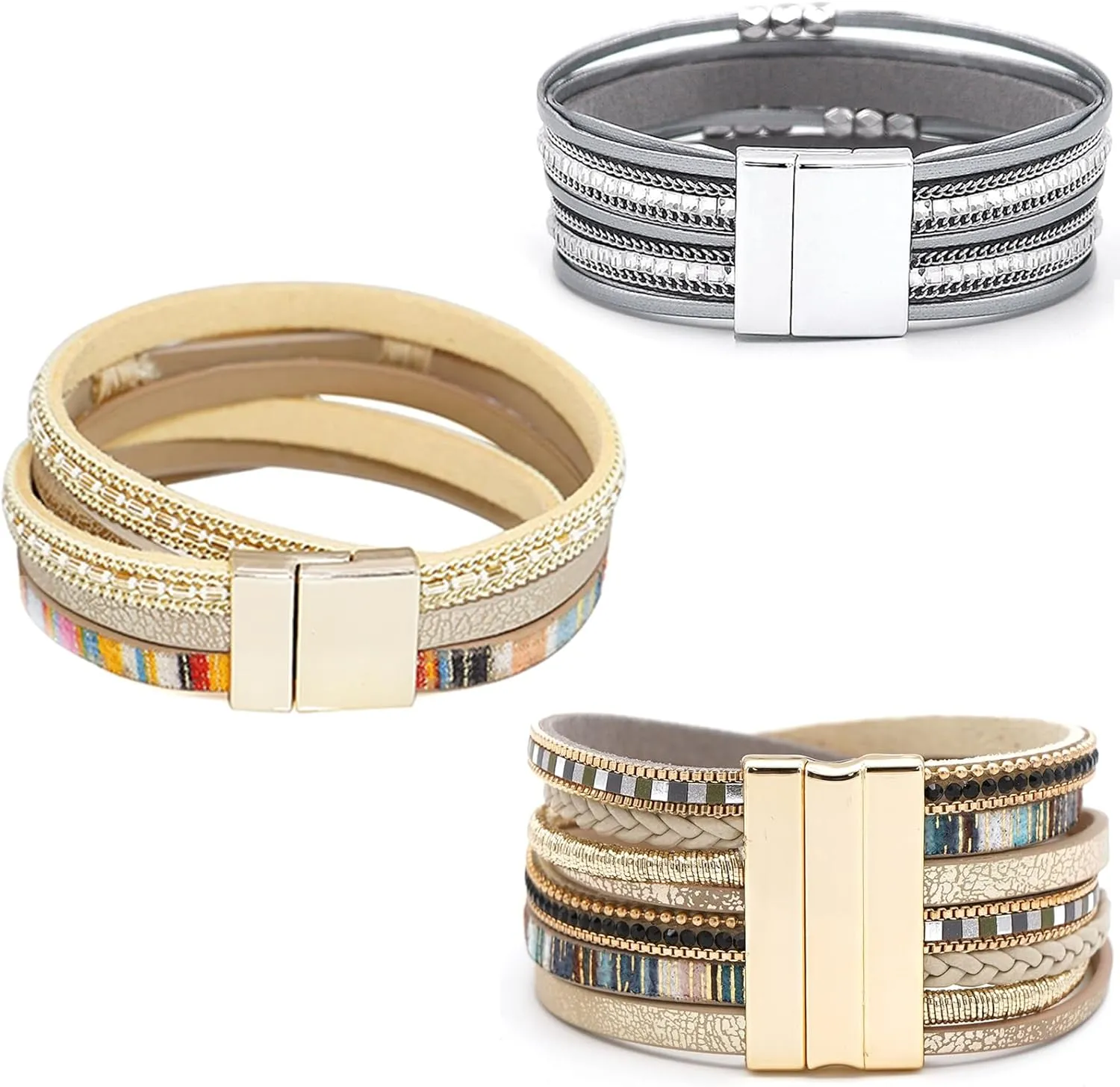 Leather Wrap Bracelet Set 3Pack Wrist Cuff Bracelet for Women Multilayer Magnetic Clasp Bracelet Feather Tree Bead Crystal Bracelet