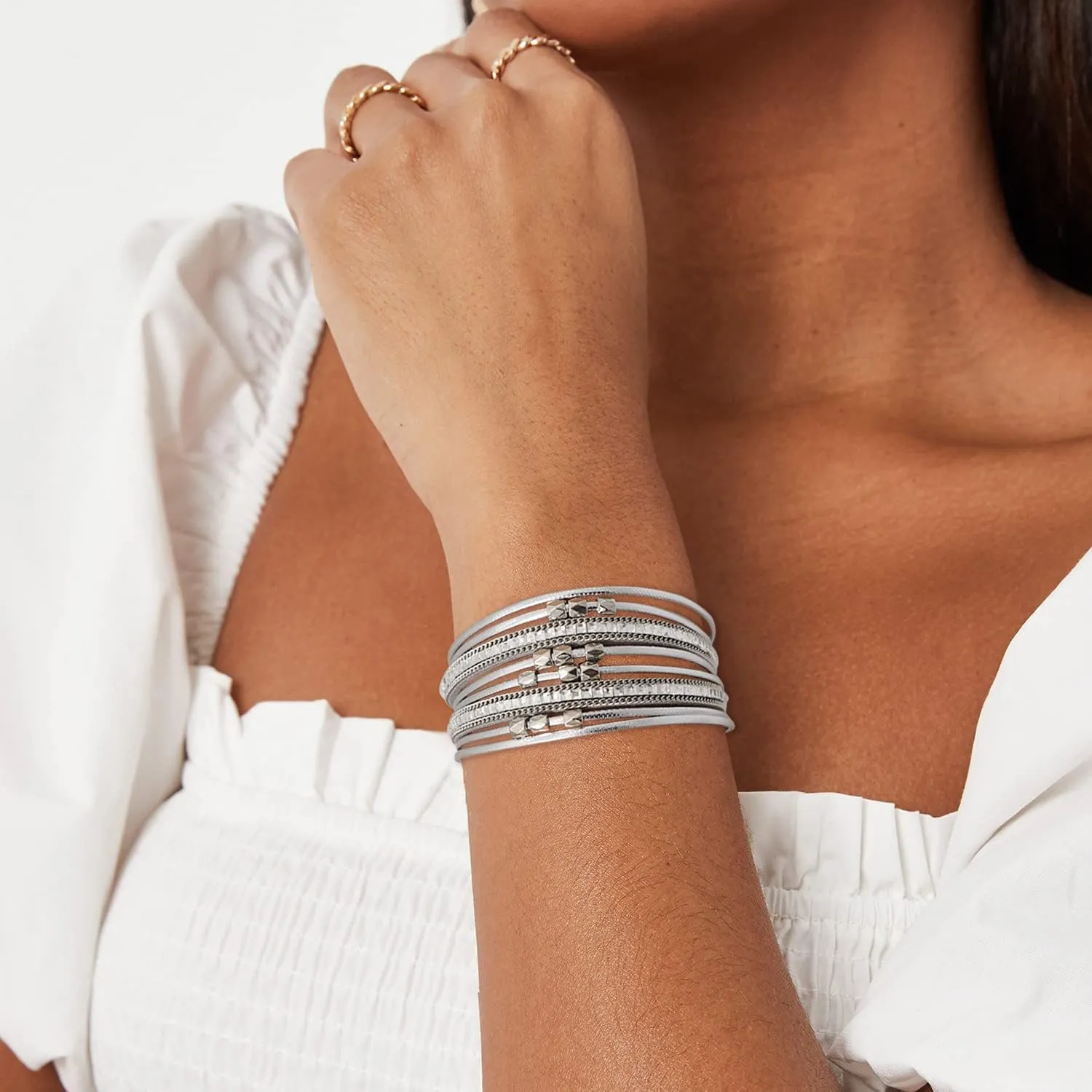 Leather Wrap Bracelet Set 3Pack Wrist Cuff Bracelet for Women Multilayer Magnetic Clasp Bracelet Feather Tree Bead Crystal Bracelet