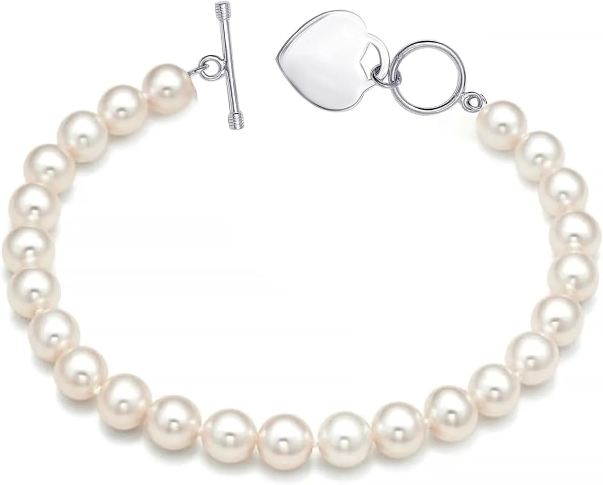 LeCalla 925 Sterling Silver Simulated Pearl Beaded Pearl Bracelet for Women Teen