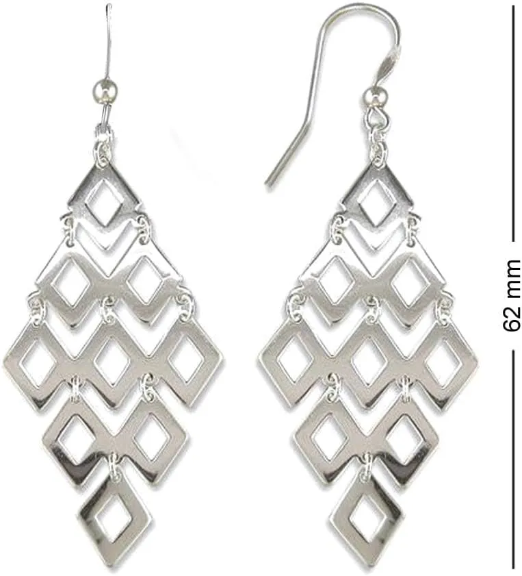LeCalla Sterling Silver Dangle Earrings for Women, 925 Sterling Silver Long Interlocked Handmade Textured Drop Earring for Women