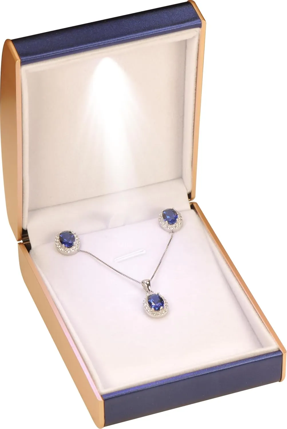 LED Necklace Pendant Jewelry Gift Box…Luxury PU Leather Dome Top Designed with Gold Color Painted on the Sides Necklace Earrings Jewelry Gift Holder Box with Light for Women for Men (Blue)