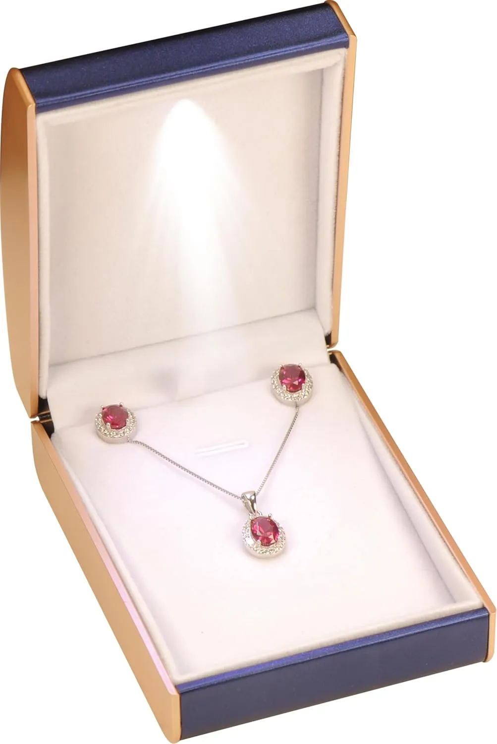 LED Necklace Pendant Jewelry Gift Box…Luxury PU Leather Dome Top Designed with Gold Color Painted on the Sides Necklace Earrings Jewelry Gift Holder Box with Light for Women for Men (Blue)