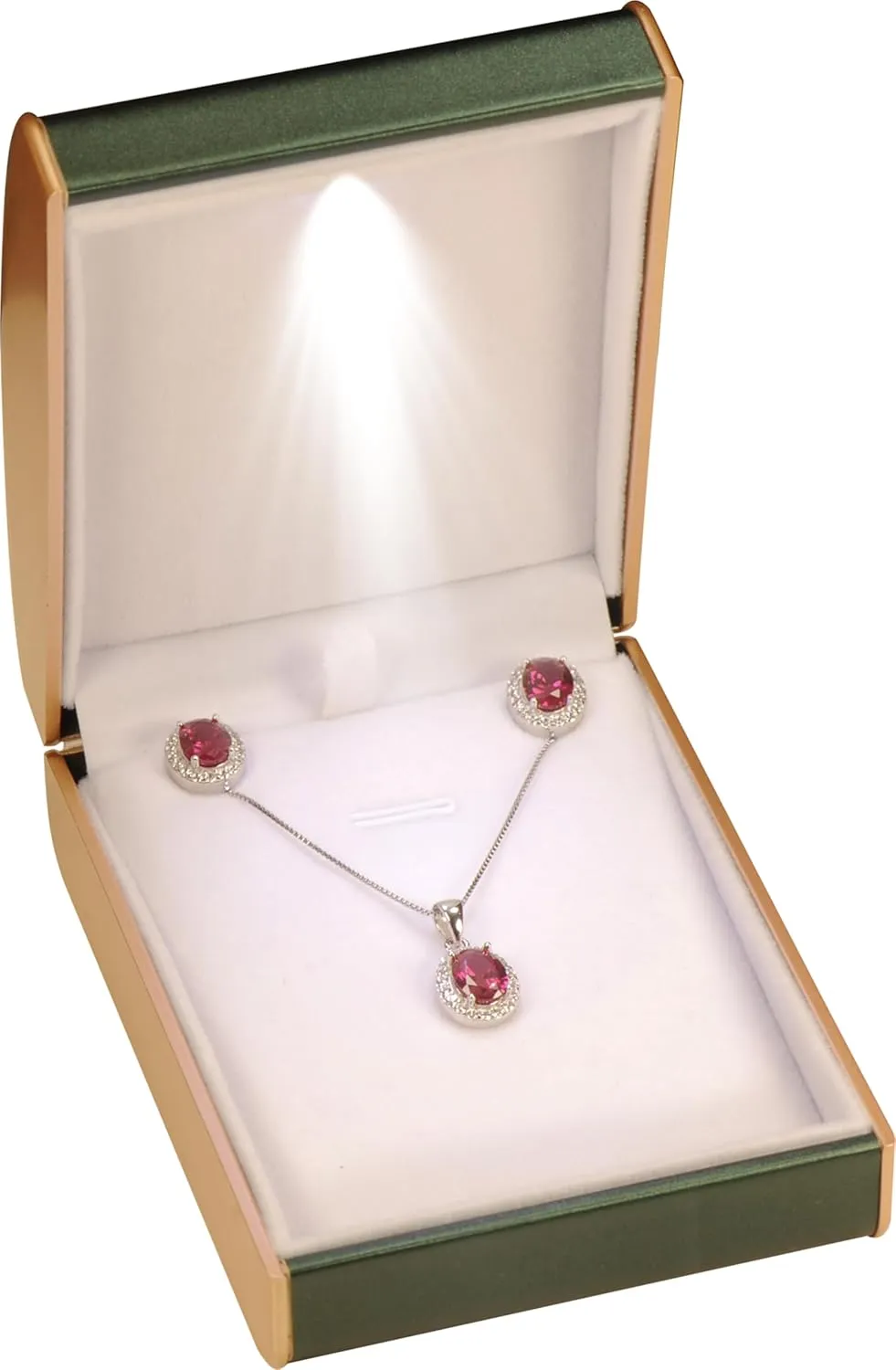 LED Necklace Pendant Jewelry Gift Box…Luxury PU Leather Dome Top Designed with Gold Color Painted on the Sides Necklace Earrings Jewelry Gift Holder Box with Light for Women for Men (Green)