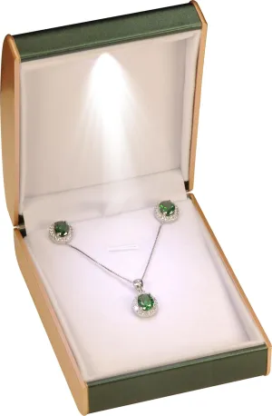 LED Necklace Pendant Jewelry Gift Box…Luxury PU Leather Dome Top Designed with Gold Color Painted on the Sides Necklace Earrings Jewelry Gift Holder Box with Light for Women for Men (Green)