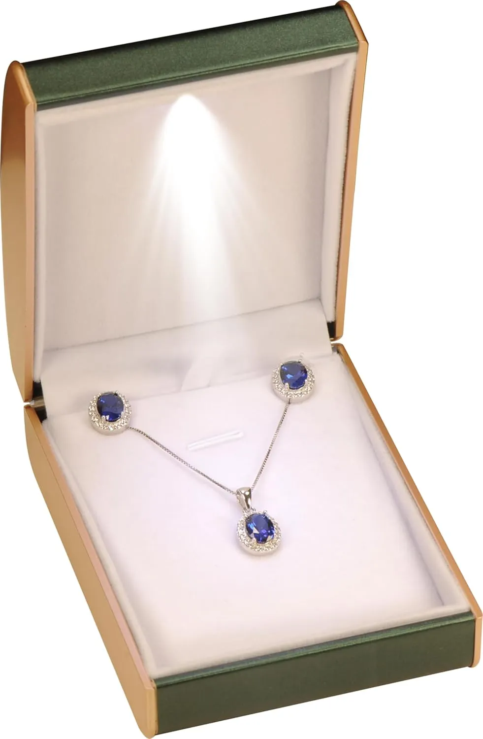 LED Necklace Pendant Jewelry Gift Box…Luxury PU Leather Dome Top Designed with Gold Color Painted on the Sides Necklace Earrings Jewelry Gift Holder Box with Light for Women for Men (Green)