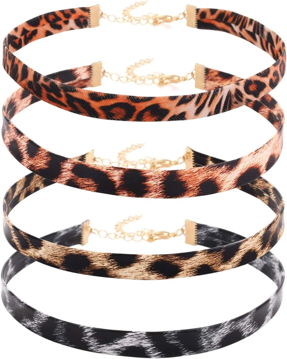 Leopard Choker Necklaces Set Classic Leather Choker Necklaces Jewelry for Women Gifts(4 Packs)