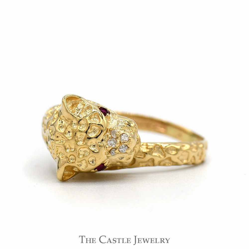 Leopard Designed Ring with Ruby Eyes & Diamond Accents in 10k Yellow Gold Personal expression