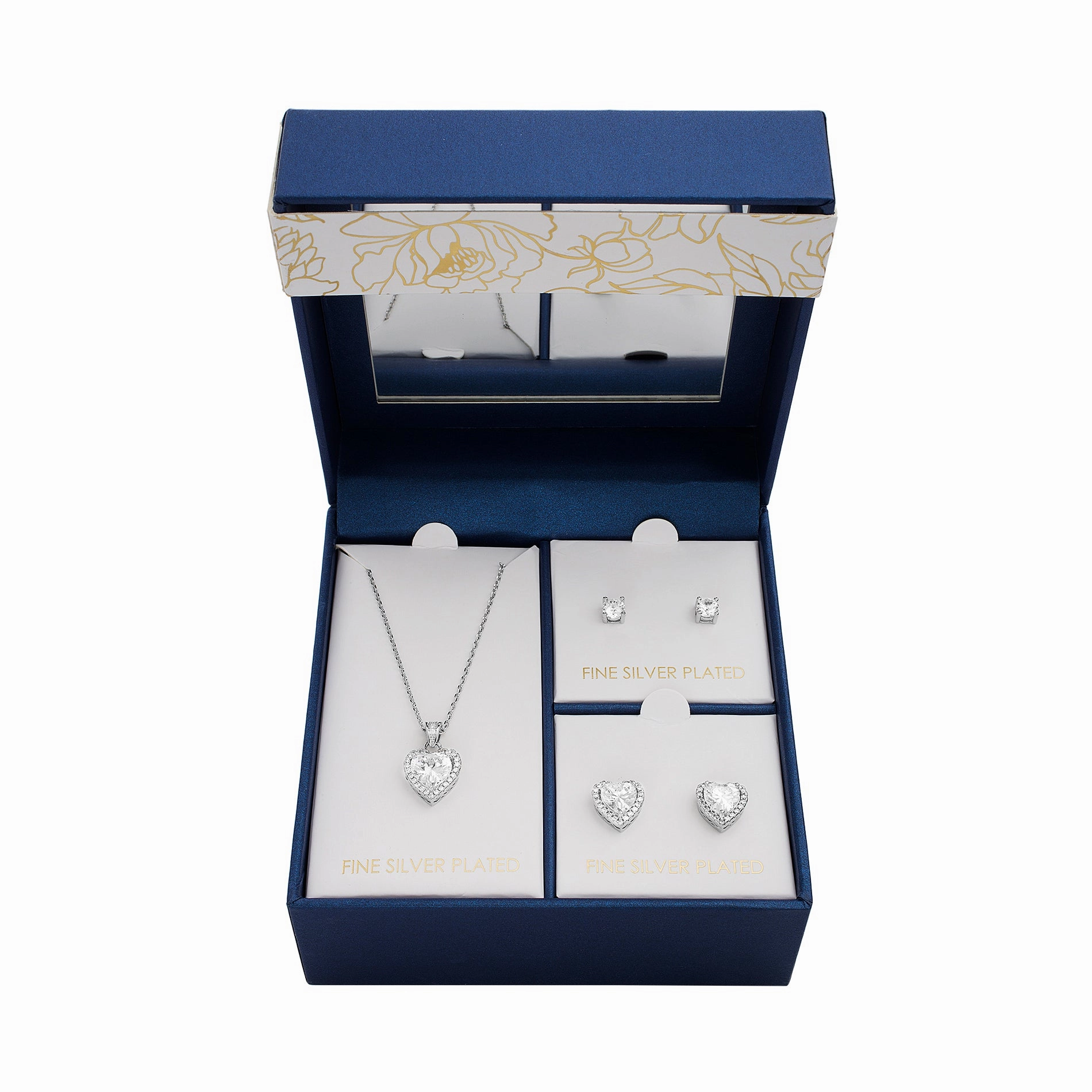 Lesa Michele 2 Pair Cubic Zirconia Stud and Halo Earrings with Pendant Necklace Set in Rhodium Plated Brass Long Adornment Birthday Accent