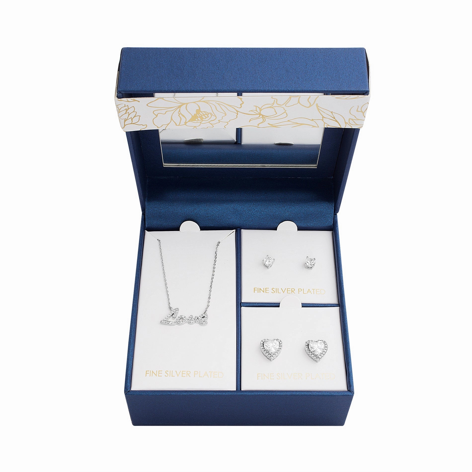 Urban Friend Lesa Michele 2 Pair Cubic Zirconia Stud and Halo Earrings with Pendant Necklace Set in Rhodium Plated Brass
