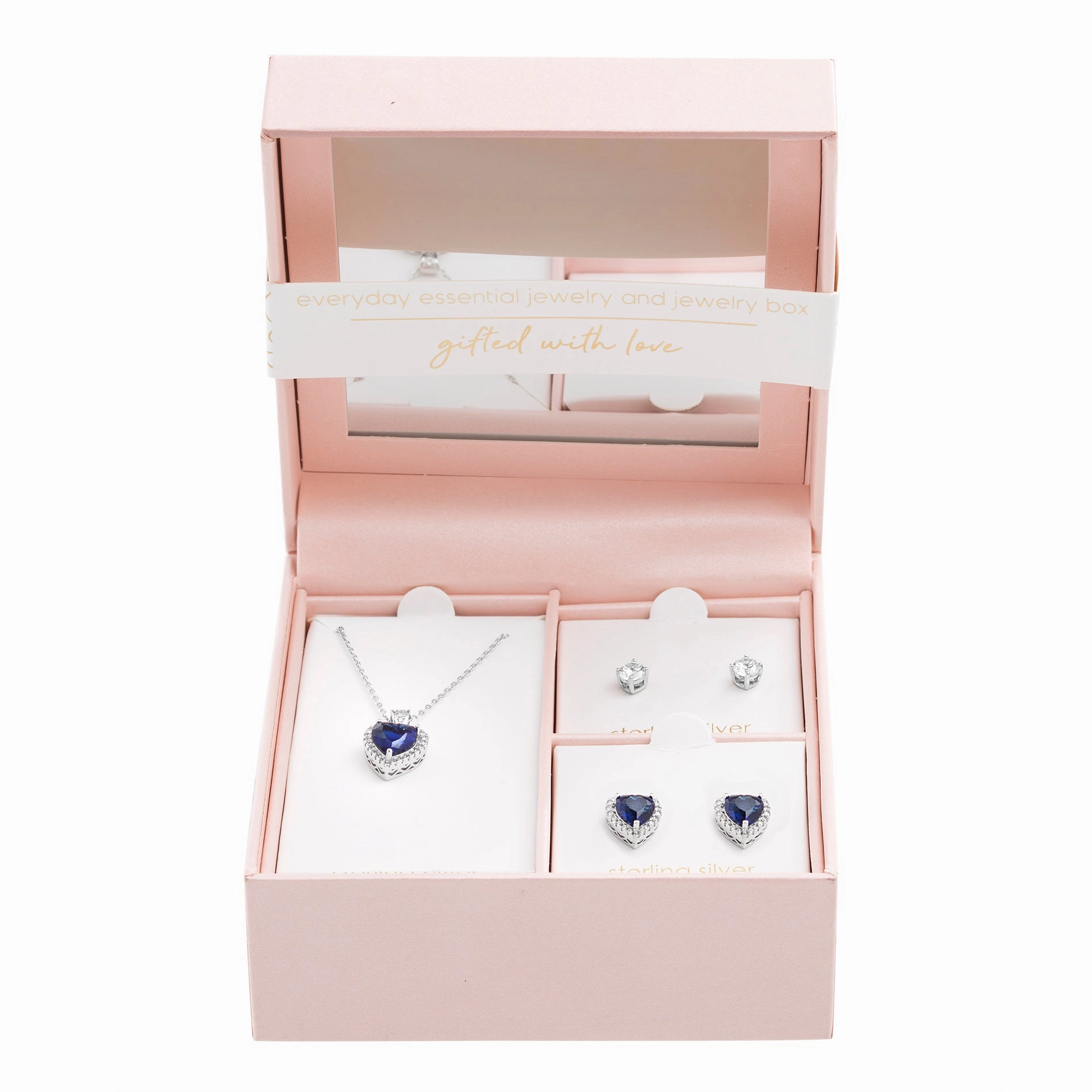 Protective Adornment Lesa Michele 2 Pair Cubic Zirconia Stud and Halo Earrings with Pendant Necklace Set in Rhodium Plated Brass