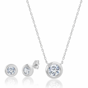 Style Setting Accessory Lesa Michele Bezel Set Cubic Zirconia Necklace and Earring Set in Sterling Silver