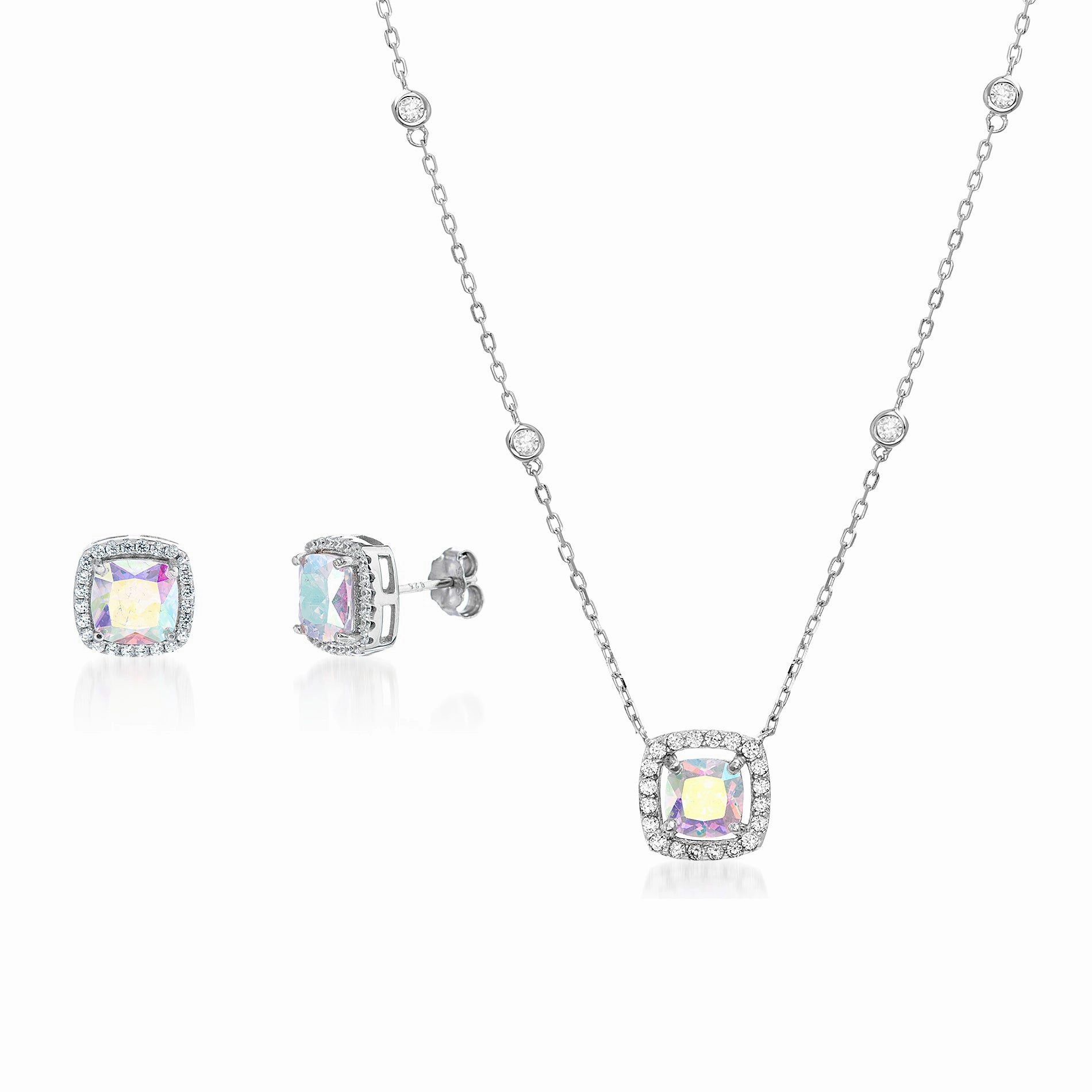 Lesa Michele Cubic Zirconia & Aurora Borealis Cushion Pendant & Stud Gift Earring Set for Women in 925 Sterling Silver Sophisticated Present