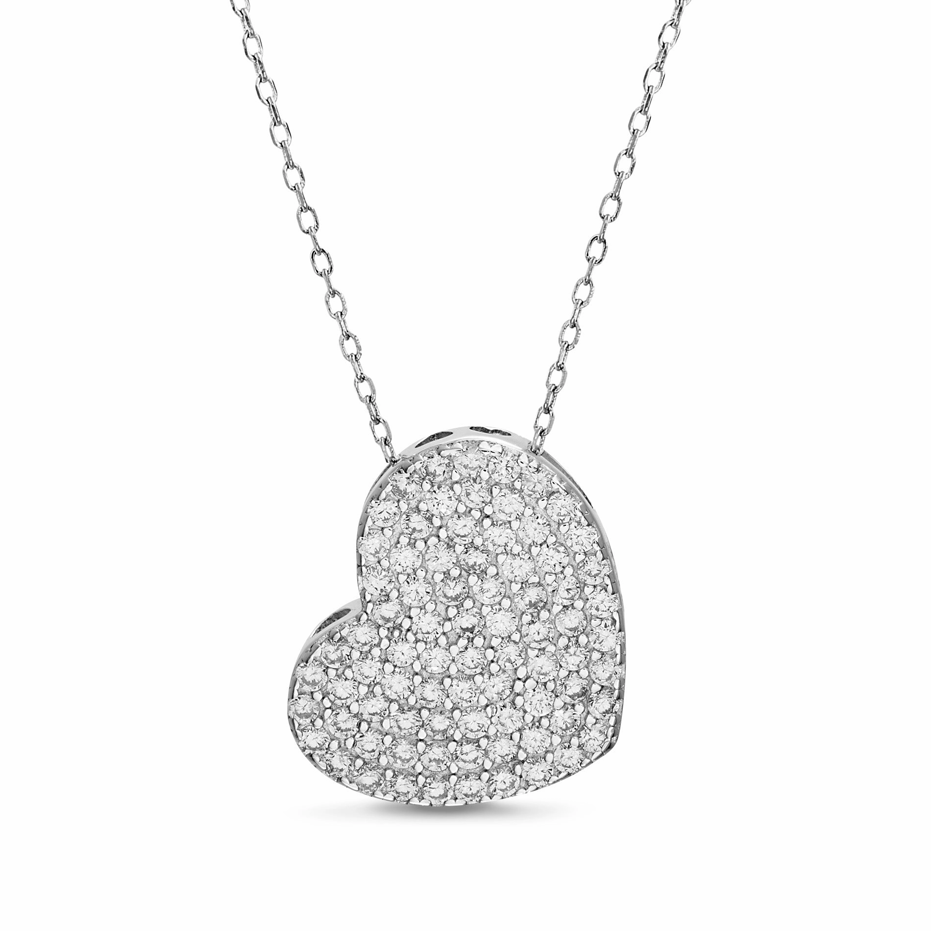 Formal Event Lesa Michele Cubic Zirconia Pave Heart Necklace in Rhodium Plated Sterling Silver
