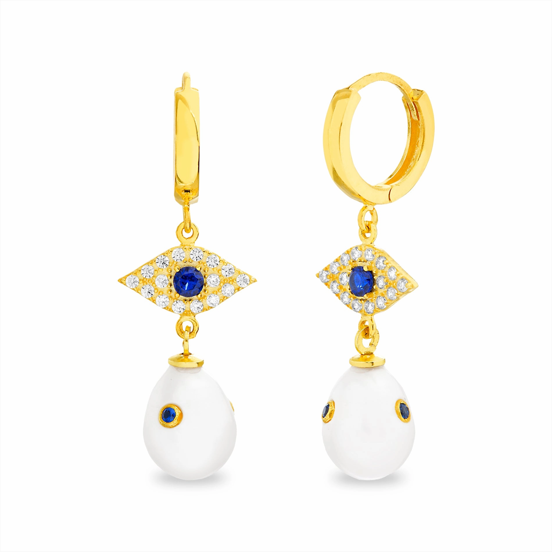 Lesa Michele Freshwater Pearl and Cubic Zirconia Evil Eye Drop Earrings and Necklaces in Yellow Gold Plated Sterling Silver for yoga Style Setting Accessory