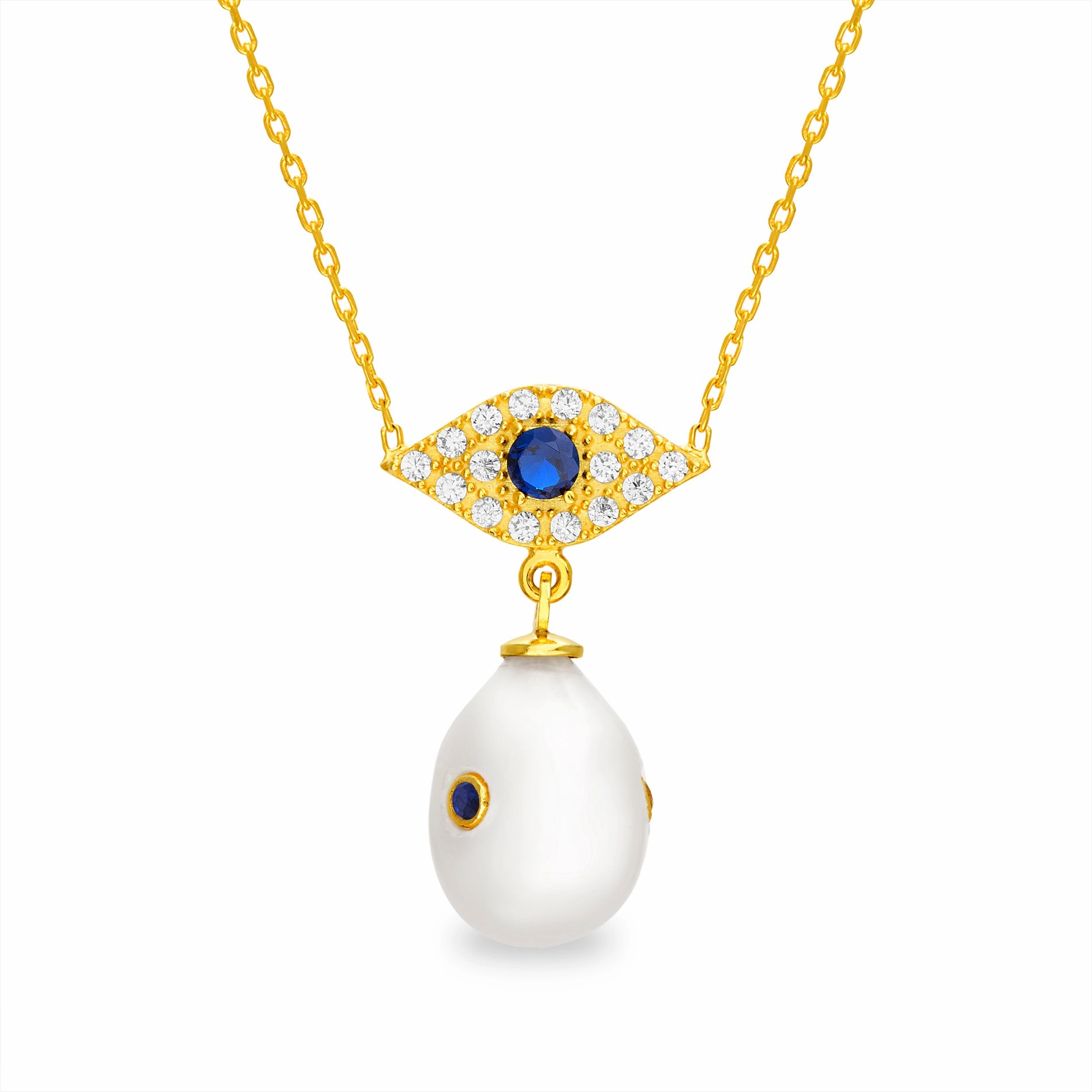 City Gift Lesa Michele Freshwater Pearl and Cubic Zirconia Evil Eye Drop Earrings and Necklaces in Yellow Gold Plated Sterling Silver